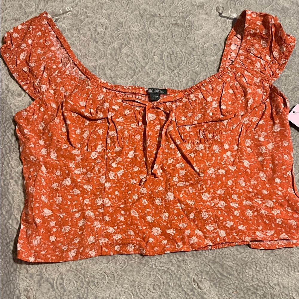 Billabong Orange Floral Tie-Front Off-Shoulder Crop Top